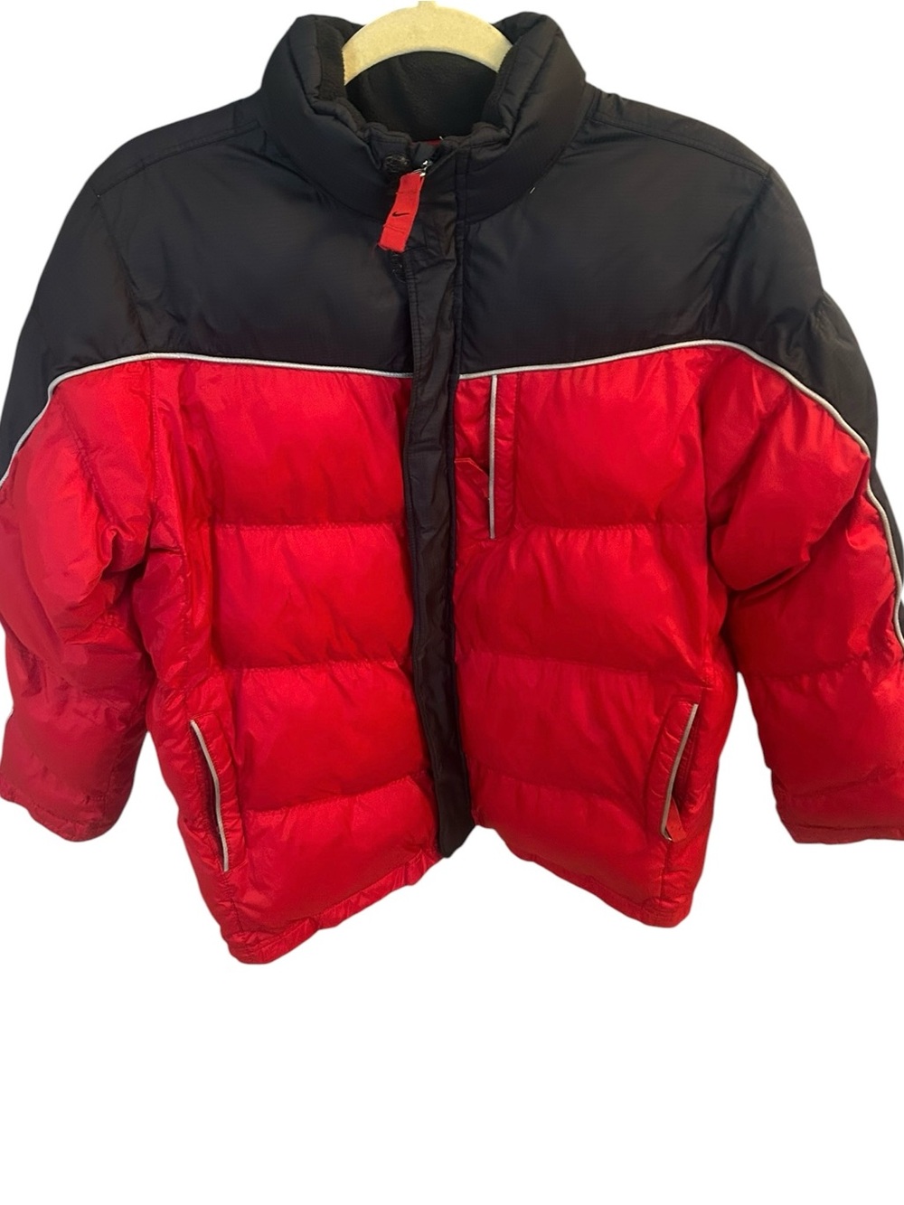 VINTAGE NIKE SIDE SWOOSH CLASSIC PUFFER JACKET - RED/BLACK WINTER COAT Sz L kids